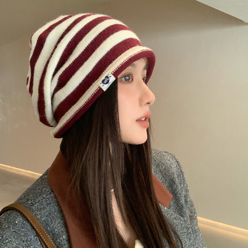秋冬毛羊针织帽冷帽双色拼卷边高级堆堆帽女欧美护耳包头帽显脸小|undefined