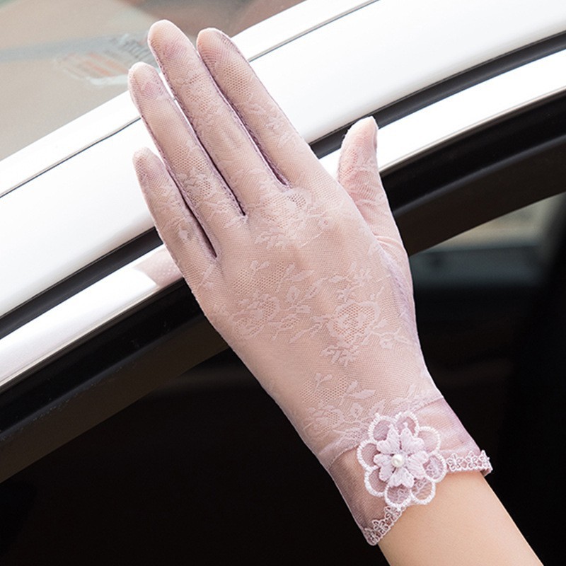 Primavera y verano guantes de protección solar para mujer encaje flor conducción ligera transpirable protección solar al aire libre montar guantes de pantalla táctil