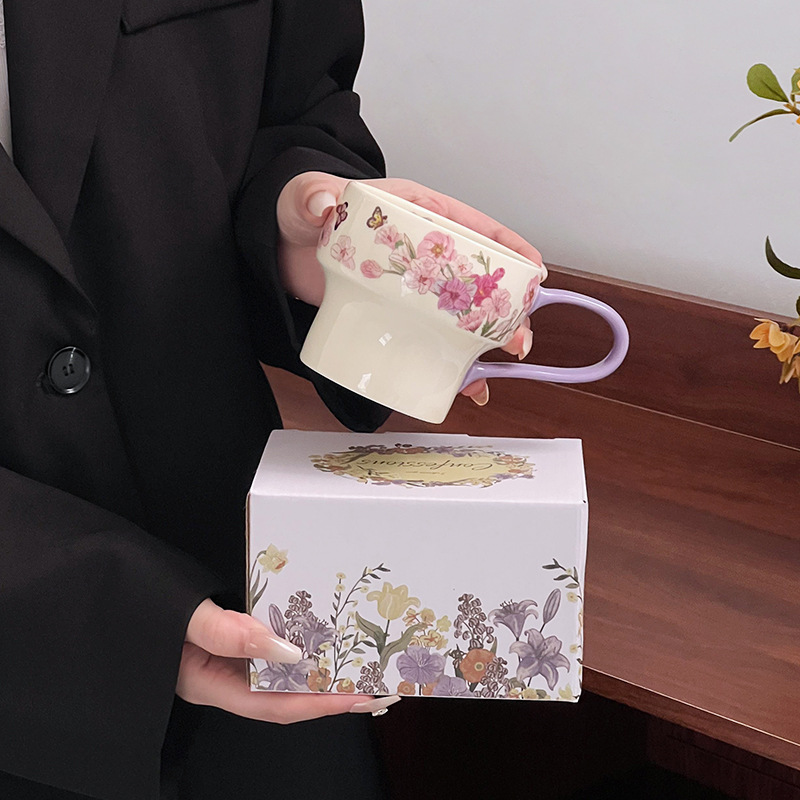 Taza de cerámica de flores taza de desayuno de avena tazón de calentamiento de leche flor brocade taza de café plato tazón