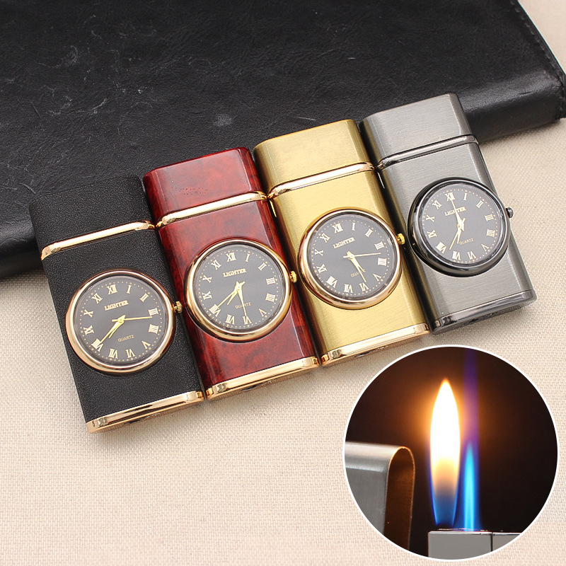 HF630 creativo doble interruptor de fuego reloj inflable recto encendedor de metal multifunción a prueba de aire encendedor al por mayor