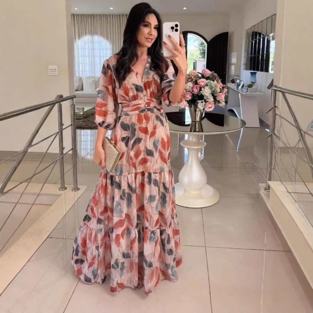 Women's Summer Long Dress V Neck Fashionable Elegant Printed New_ecoleips.com