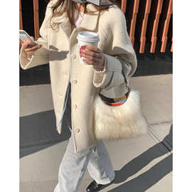 现 2025冬季新款韩国设计师tan*at翻领羊毛中长款毛呢大衣外套