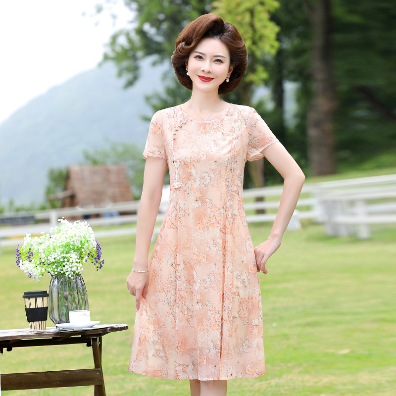 ママの夏ワンピース、中年女性、高貴な小柄な40代、50代、中高年シフォン半袖スカート|undefined