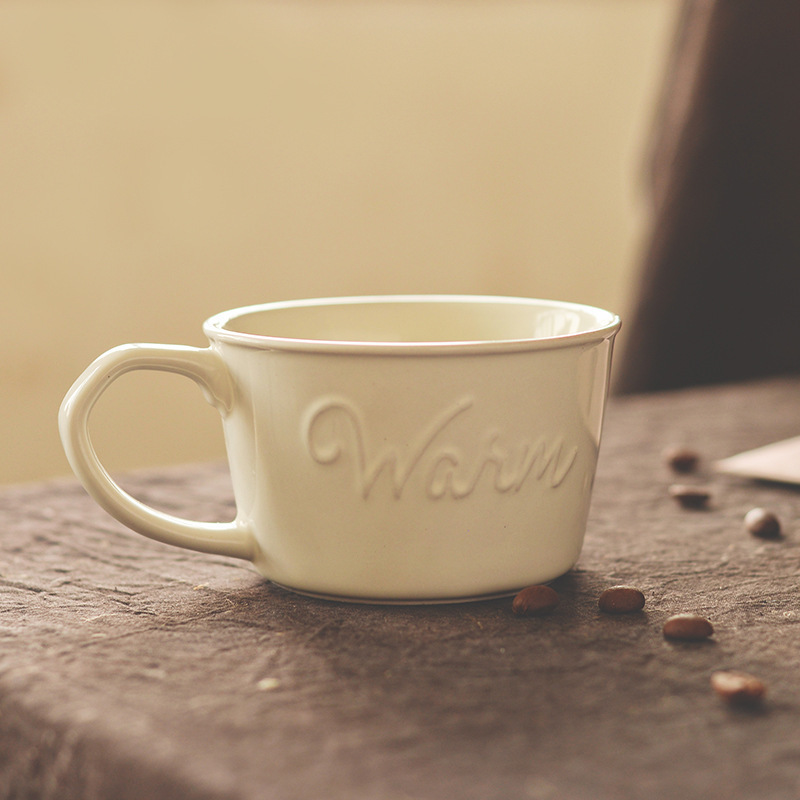〖English Embossed Coffee Cup〗 Japanese Retro Mug Literary Ceramic Water Cup Breakfast Cup Milk Cup