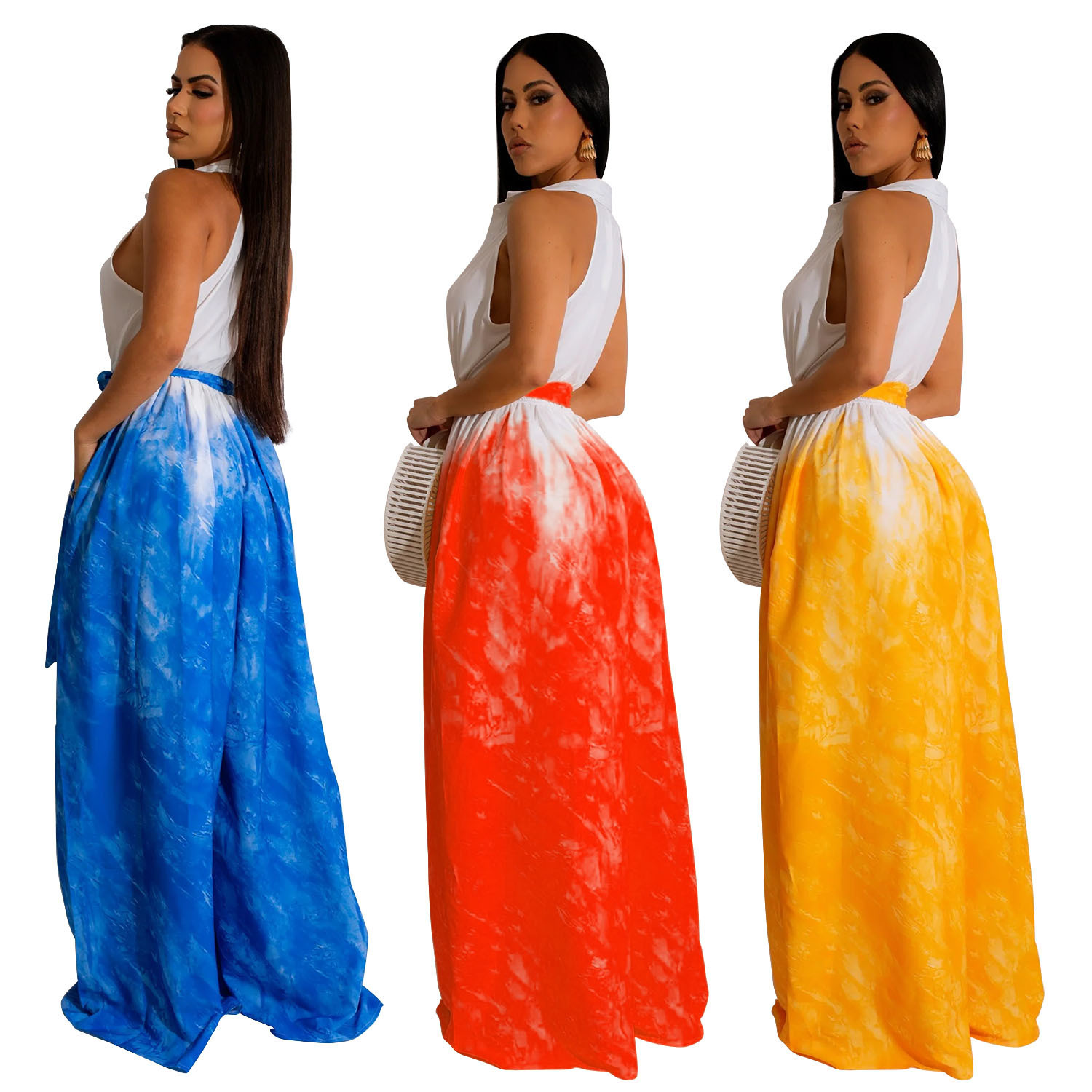Moda de mujer C6351 Aliexpress transfronterizo Amazon impresión europea y americana sin mangas corbata en V pantalones de piernas anchas