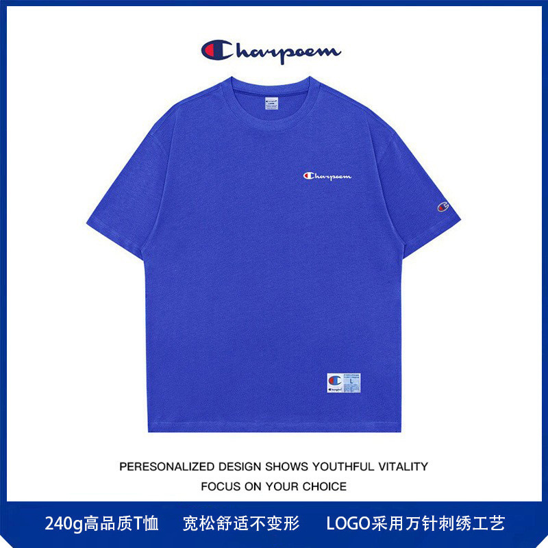 Champion Graffiti 2025 Summer Heavyweight 240g Klein Blue Embroider Trendy Brand Short-Sleeved T-Shirt for Men and Women Loose Trendy T-Shirt