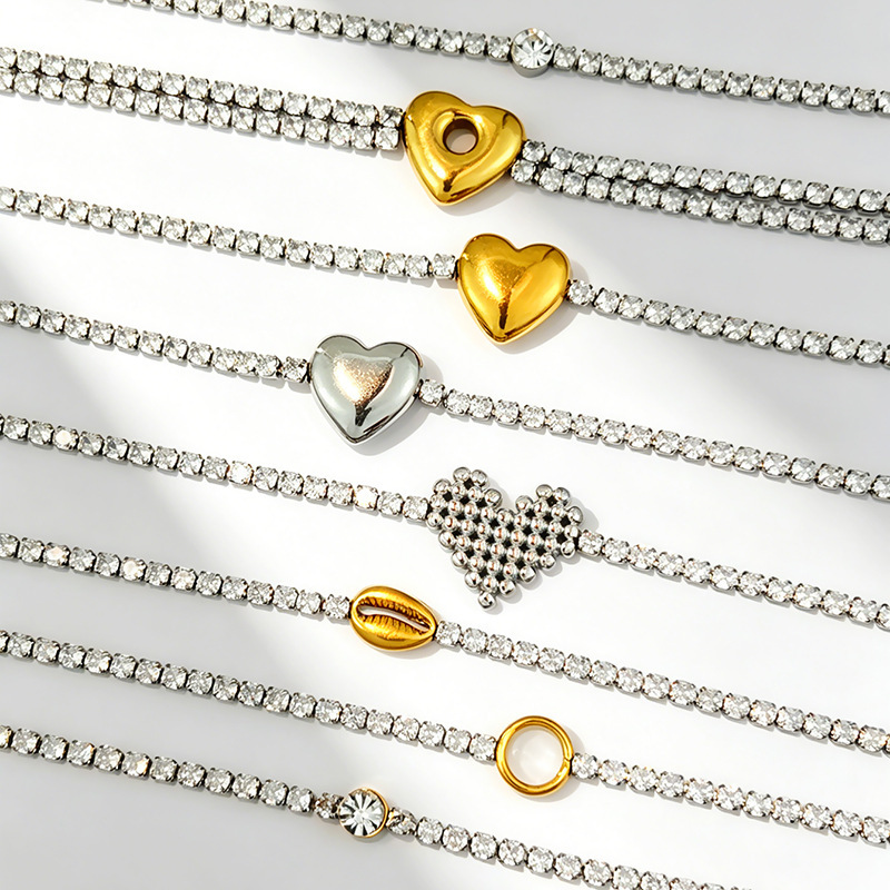 Cross-Border 304 Stainless Steel Bracelet Tennis Chain Heart-Shaped Color-Blocking Waterproof Jewelry French Light Luxury Niche Diamond-Encrusted Hand Accessory