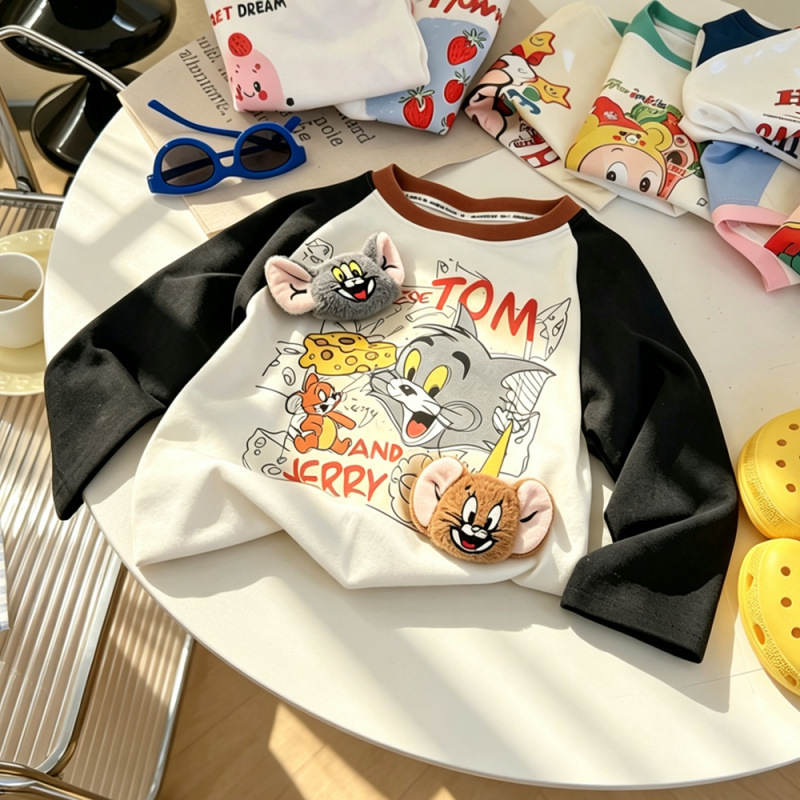 3D Tom and Jerry plush toy color-blocked stylish and versatile children's printed long-sleeved T-shirt, autumn pure cotton baby top