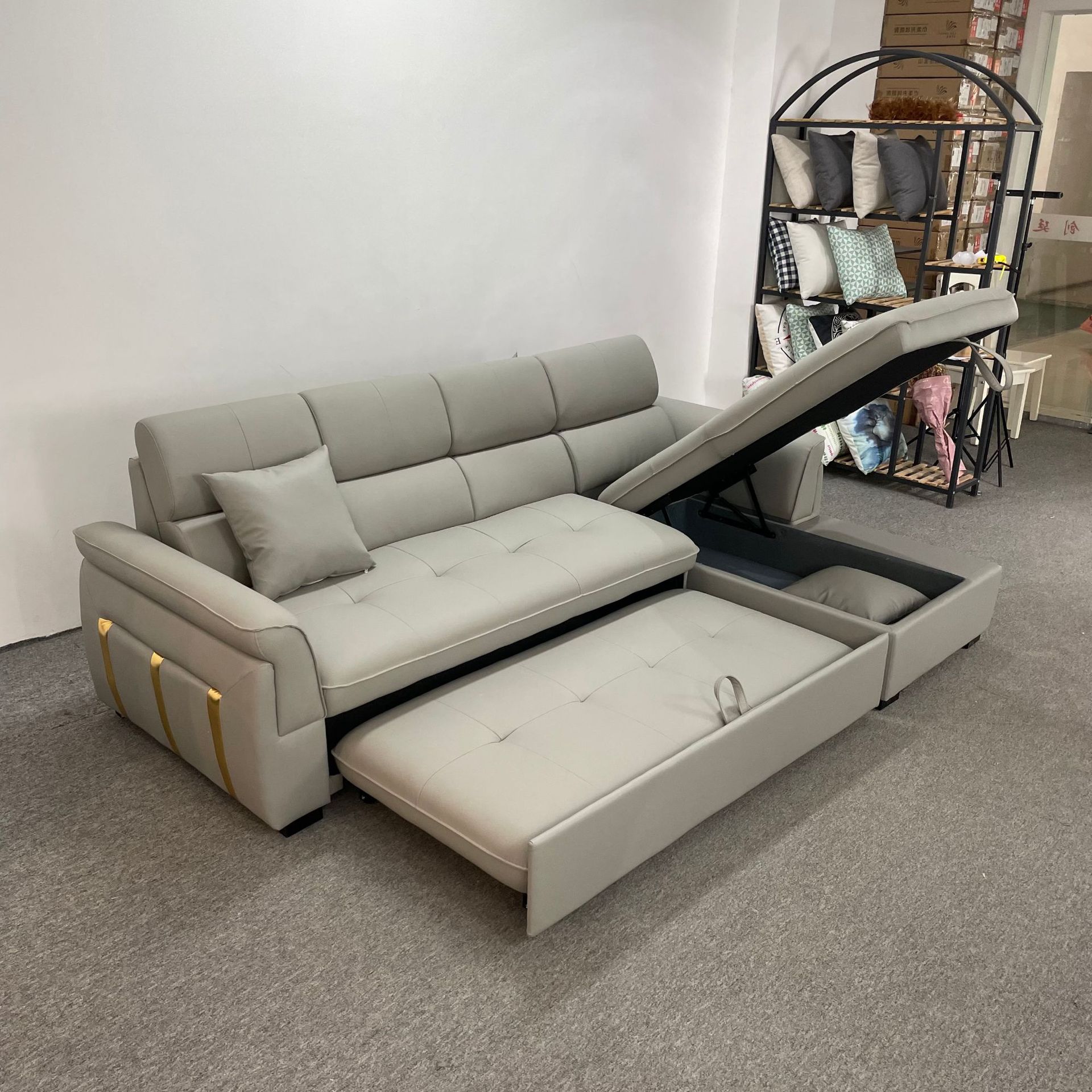 Sofá multifuncional de pequeño hogar con esquina de sala de estar en forma de L, sofá cama de doble uso con arte de cuero y almacenamiento combinado