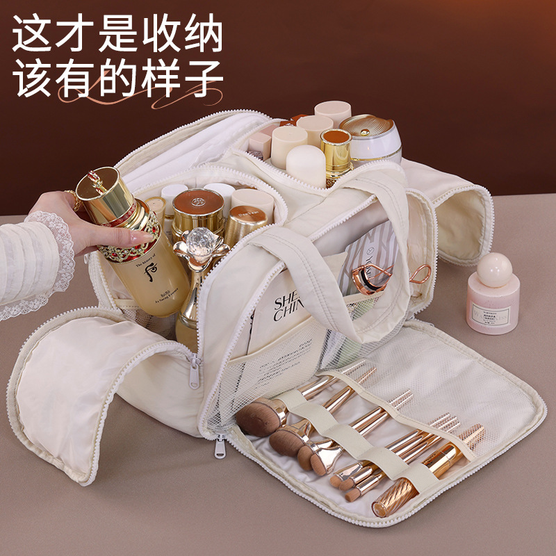 Bolso cosmético esponjoso de gran capacidad con cremallera doble en forma de U de cuatro aberciones Bolsa de almacenamiento y lavado portátil de gran capacidad para viajes