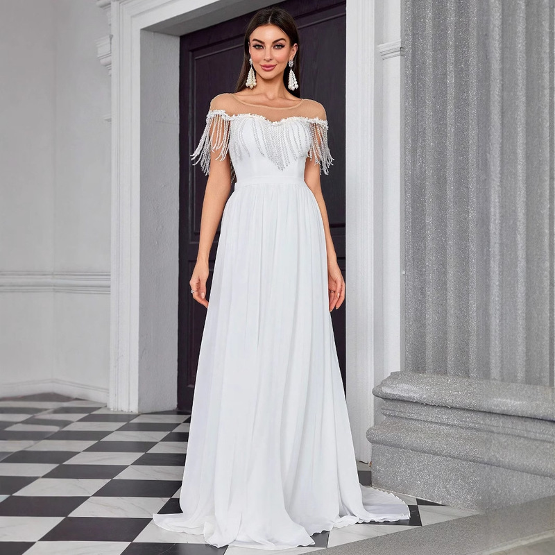 White Simple Dance dress Beach Church Travel Photography Light Wedding Dress Small Tail Annual Meeting Host Dress Female