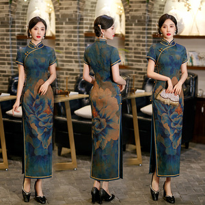 Flower flower qipao temperament of Oriental retro Chinese dress Qipao Cheongsam for girls  middle-aged and old positioning flowers everyday Chinese national wind long cheongsam