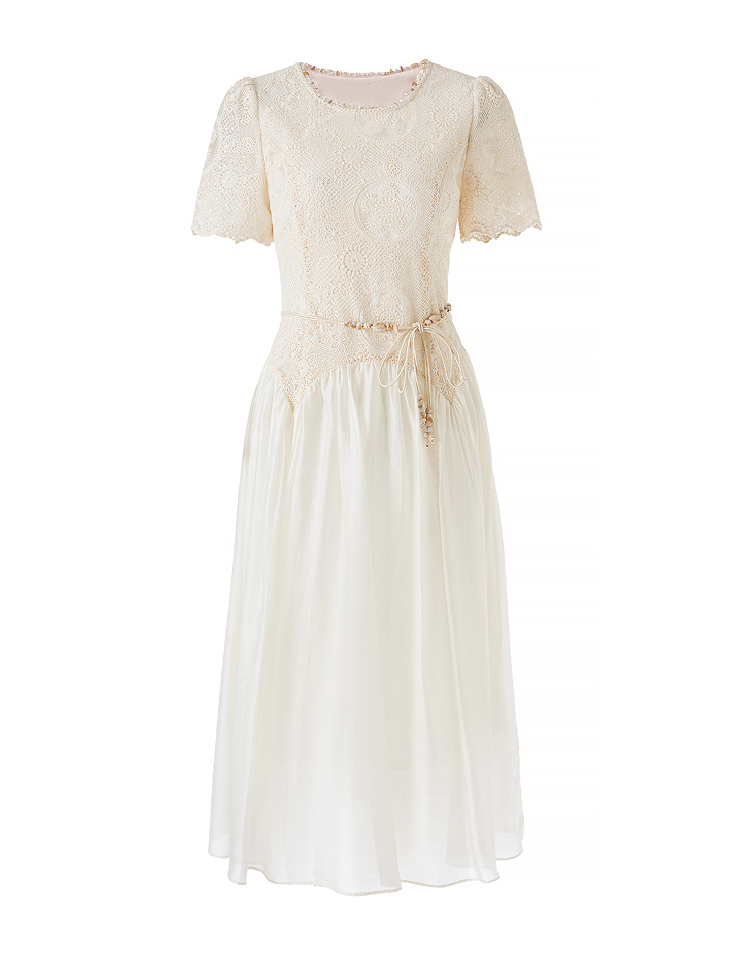 Đầm nữ tay ngắn thêu sequin cotton, thắt lưng eo phong cách Pháp — màu mơ