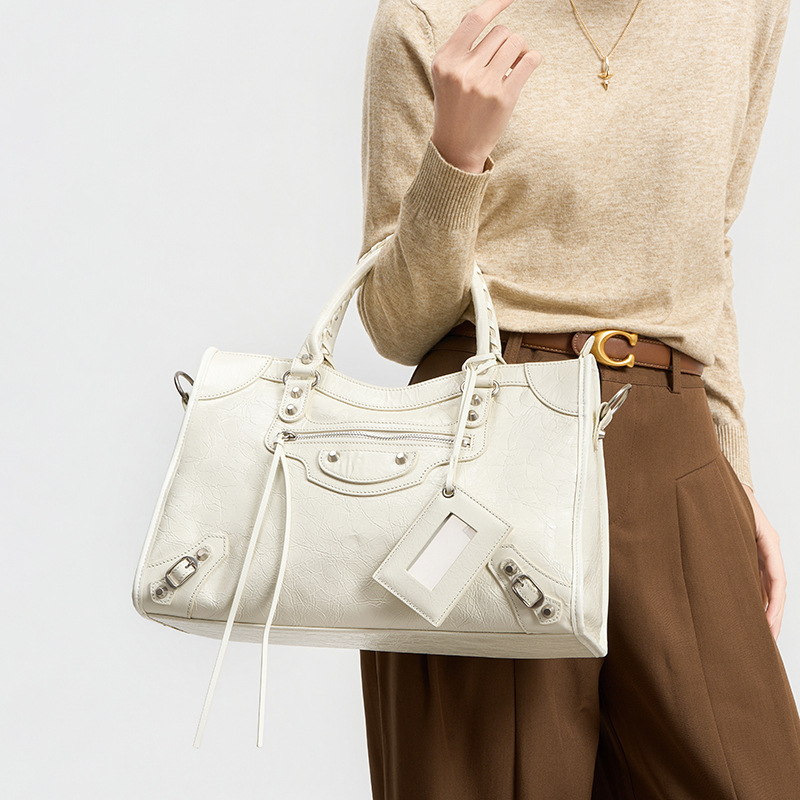 New Trendy Women's Studded Retro Motorcycle Bag - Luxury Genuine Leather Large Capacity Tote Shoulder Crossbody Handbag - Thumbnail 2