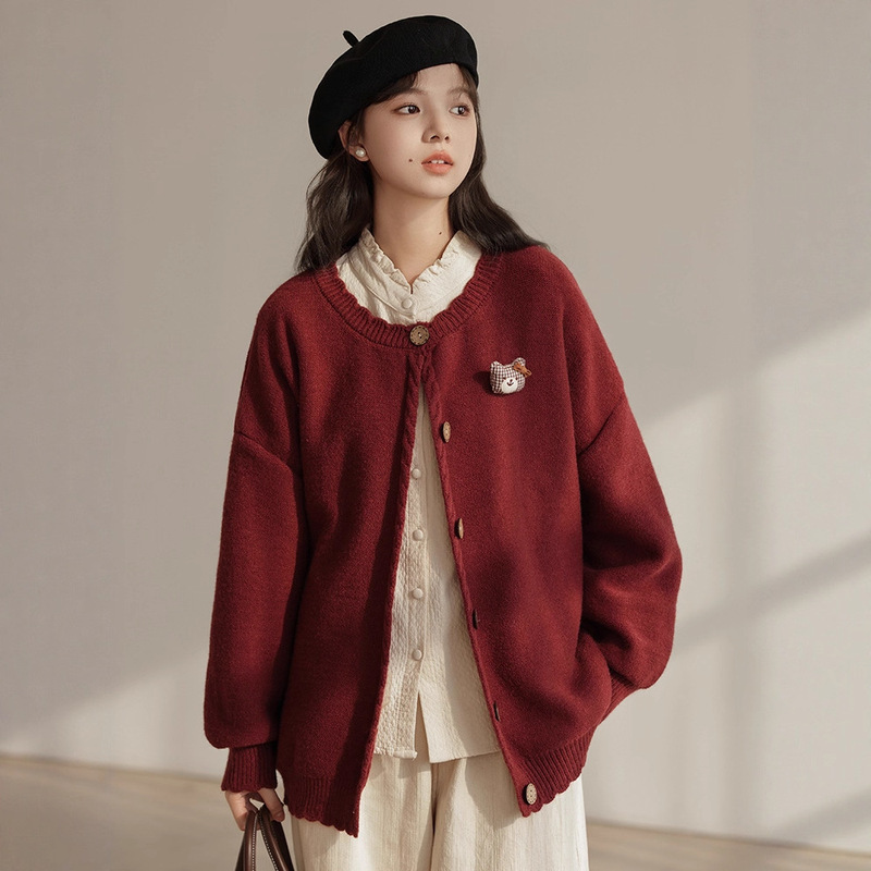 复古慵懒风日系毛衣外套女2025秋冬甜美减龄宽松版圆领长袖针织衫|undefined