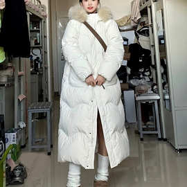 韩版大毛领连帽白色长版羽绒棉服女冬季过膝加厚保暖面包服外套