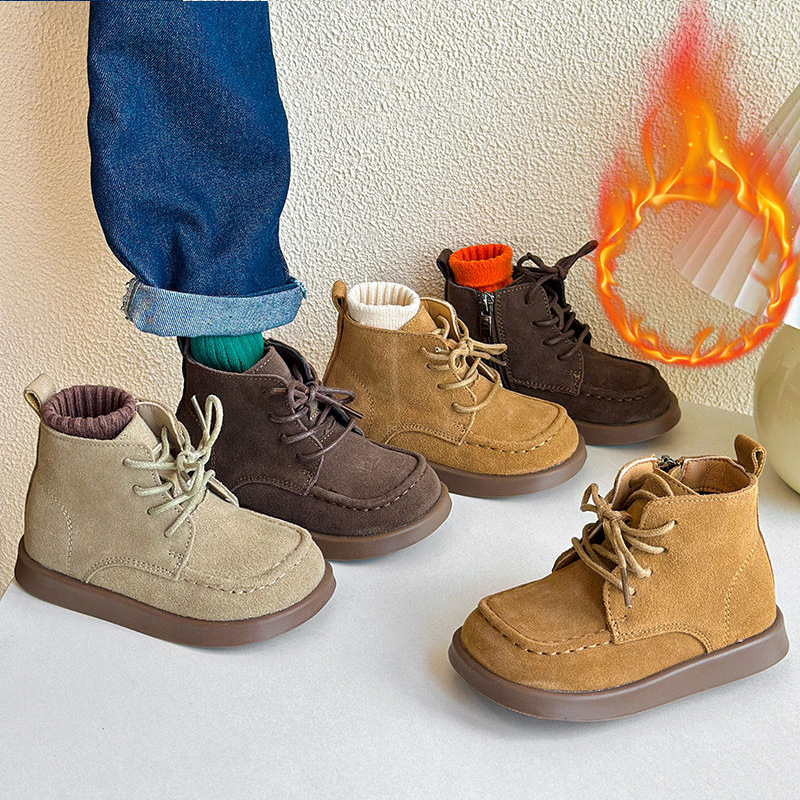 Korean-Style Fleece-Lined Kidsren's Boots, British-Style Boys' Leather Boots, Girls' Cotton Boots, 2026 New Autumn and Winter Baby Short Boots