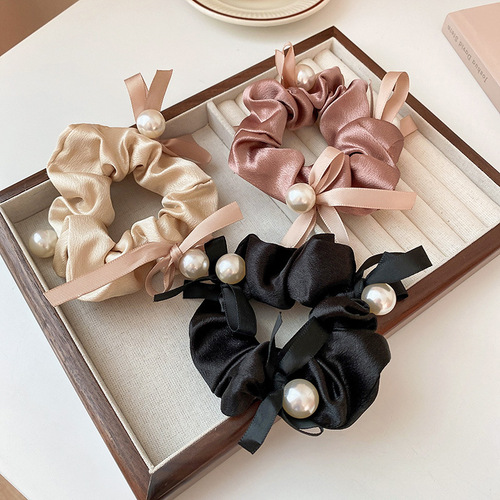 Japanese and Korean ins style geometric pleated pearl bow large intestine hair tie simple fashionable commuting temperament versatile hair accessories