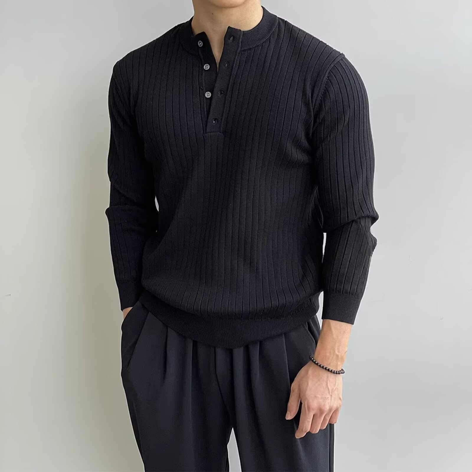 Henley collar long-sleeve knit shirt for men, new spring style, American high-end, suitable for muscular men, versatile slim-fit T-shirt