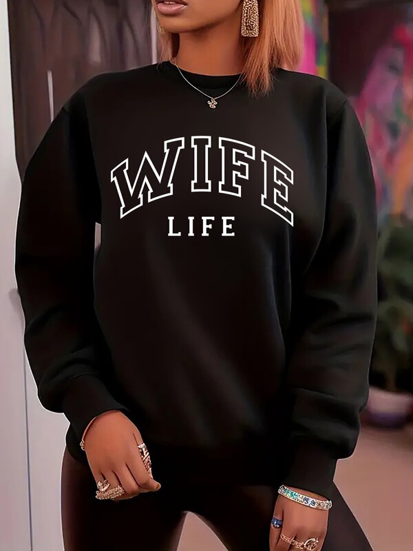 [Factory Wholesale] Wife Life Letter Printed Pullover Sweatshirt, Casual Long Sleeve Round Neck Autumn and Winter Sweatshirts,