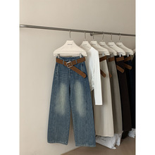 时髦担当 加绒斜缝复古水洗牛仔裤女直筒秋冬百搭加厚长裤19029