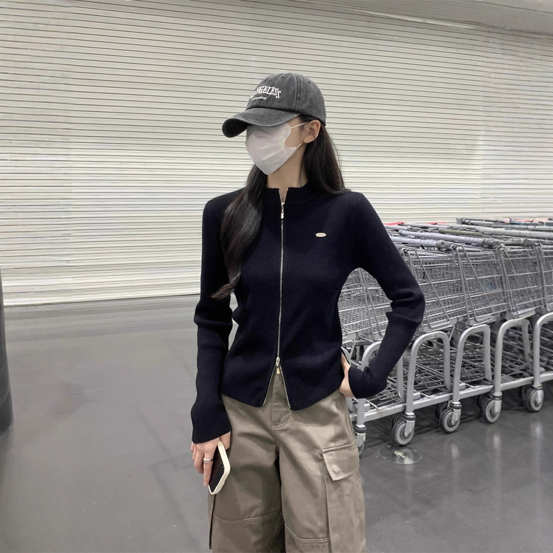 春装2025新款双拉链毛衣外套女开衫立领长袖修身针织上衣内搭打底|undefined