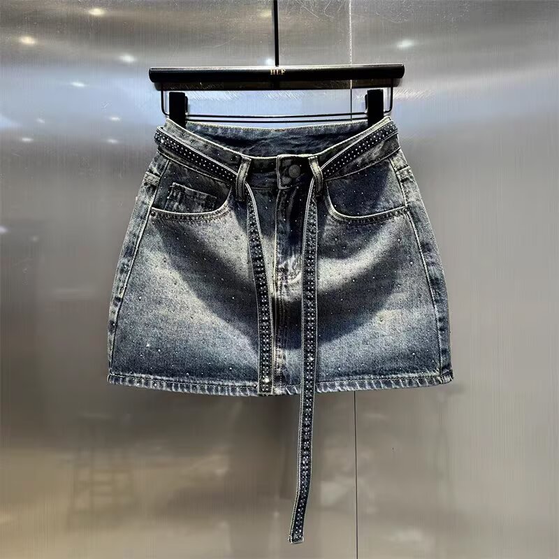 Retro-Denim-Midirock mit Farbverlauf und Strasssteinen in Übergröße, hochtailliert, figurbetonend, A-Linien-Minirock für Damen, neuer Sommerstil_voghion.com