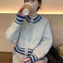 减龄棒球服开衫女秋冬新款仿羊毛拼色圆领宽松针织拉链毛衣外套