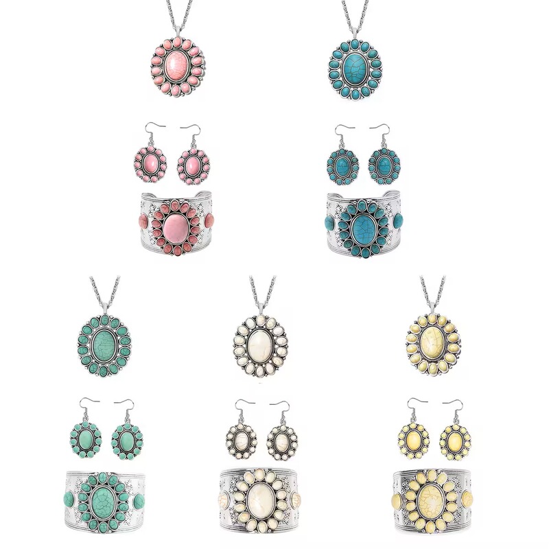 Amazon's Cross-Border Best-Selling Ximia Retro Turquoise Bracelet, Necklace, and Earrings Set Jewelry Factory Direct Sales