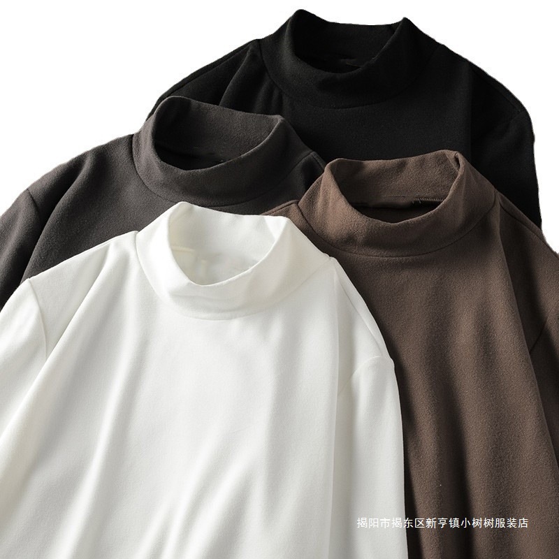 High-Neck Double-Sided Thermal Base Layer Men's Autumn and Winter Solid Color Mid-High Neck Fleece Thickened Thermal Underwear Long-Sleeve T-Shirt