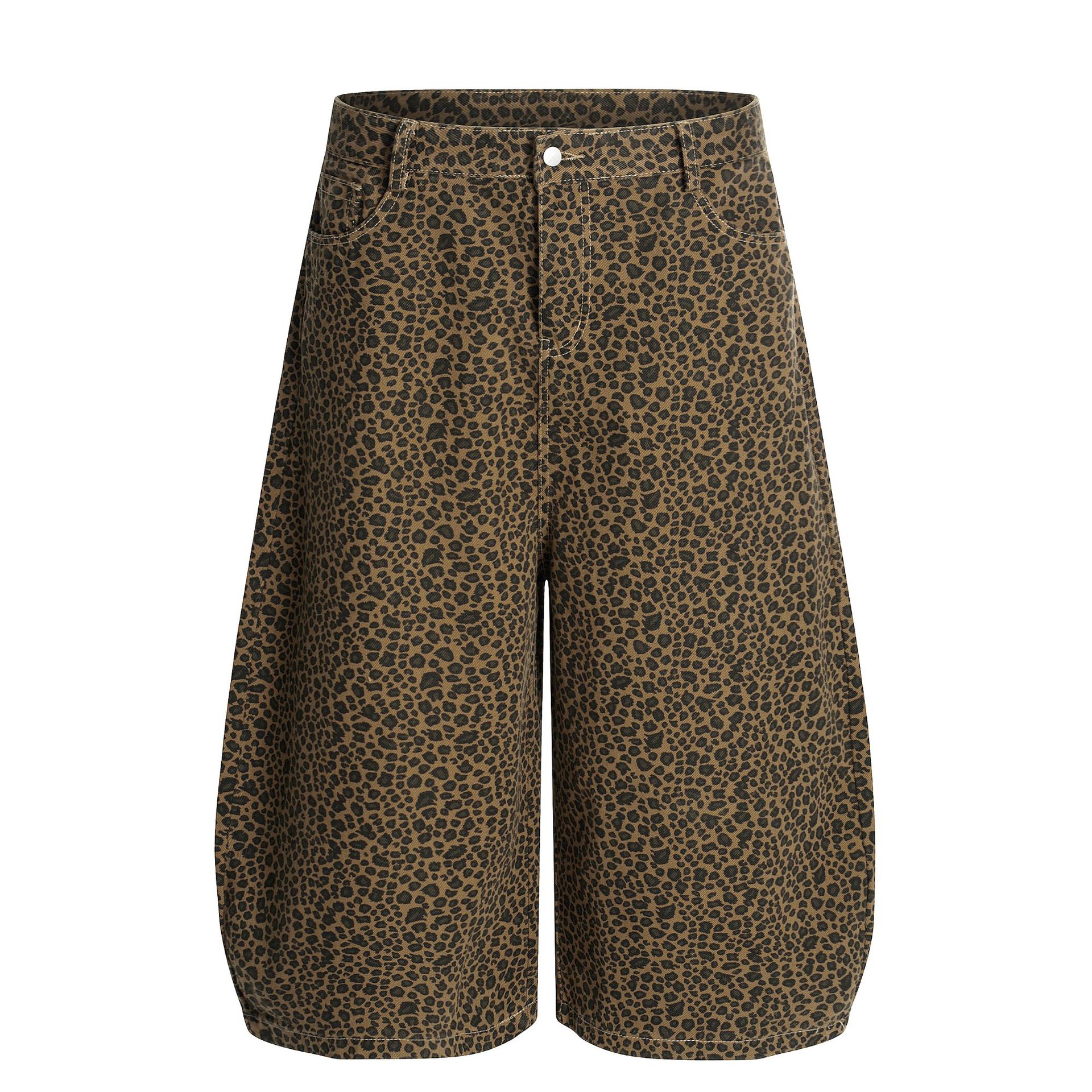D3026 American Summer High-End Versatile Street Fashion Leopard Print Design Men's Loose Three-Quarter Cargo Shorts