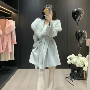 2025 New Autumn and Winter High-End Double-Sided Wool Coat with Fox Sleeves, Long Slim-Fit Elegant Woolen Coat