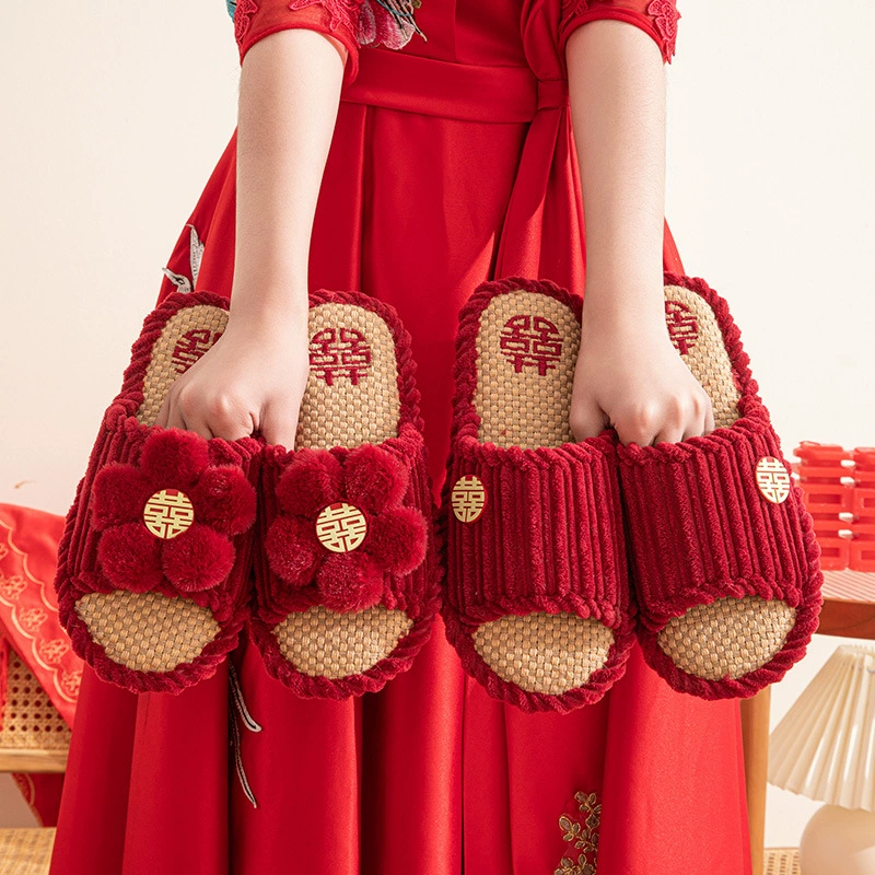 Льняные свадебные тапочки, красные, праздничные, для дома, нескользящие, для пары, жениха и невесты, молодоженов, весенне-осенние тапочки