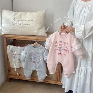 Baby Clothes for Spring and Autumn, Trendy Bowknot Crawling Outfit for Baby Girls, Class a Long-Sleeve Comfortable Romper for Going Out
