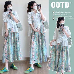 This year popular beautiful 2025 summer new short sleeve shirt oil painting printed skirt pregnant women two...