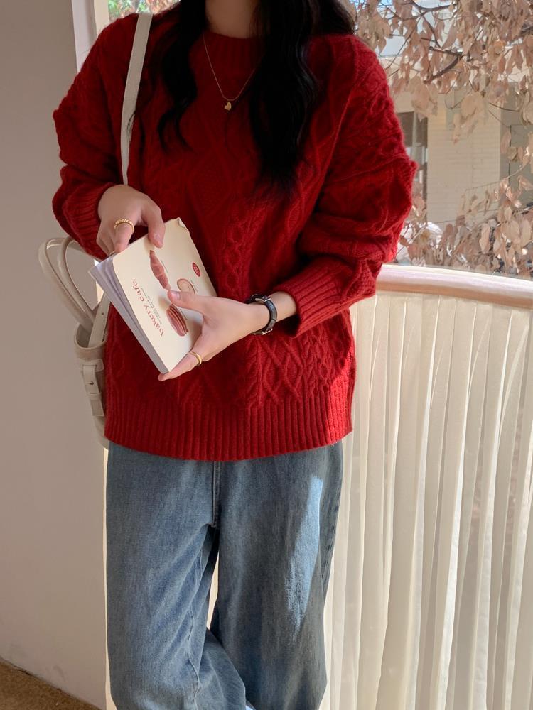 New Year'S Red Twist Sweater Women'S Autumn And Winter New Retro Lazy Wind Round Neck Pullover 17 Undefined