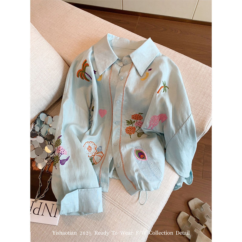ブルー重工業刺繍日焼け止めシャツ女性のための 2025 夏の新しいハイエンドファッションルーズ長袖薄手のジャケット|undefined