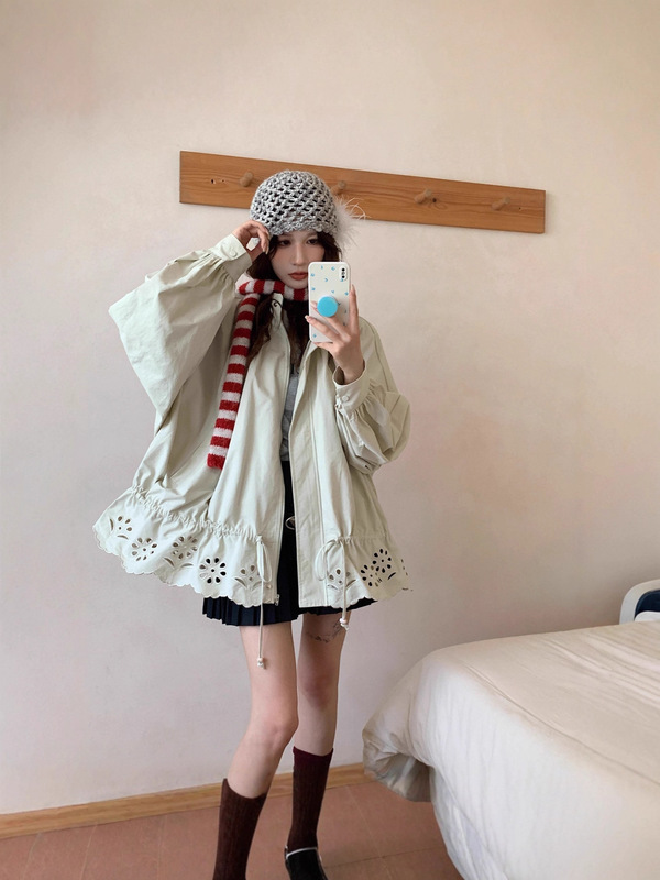实拍ins韩国短款风衣外套2025年新款设计感立领花苞镂空薄外套女|undefined
