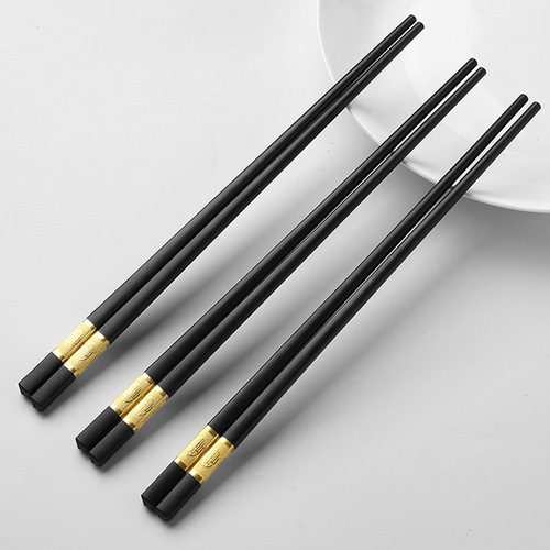 Gold Fortune Alloy Chopsticks (10 Pairs) - Hotel & Home Use, High-Temperature Resistant Tableware, Silver Fortune Alloy Chopsticks, Anti-Slip, Anti-Mold, Sandpaper Texture
