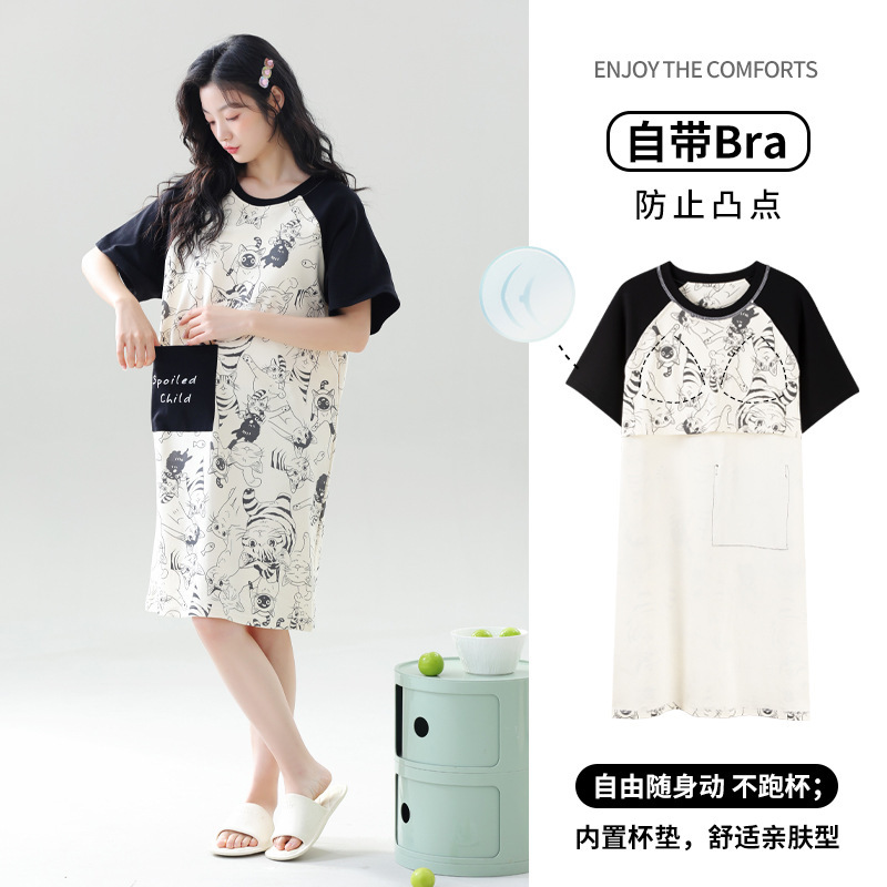 Summer Pure Cotton Nightdress Women's plus size Summer Short-sleeved Internet Red Spring and Autumn Cute Thin Pregnant Women's Pajamas with Chest Pad