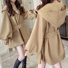 春秋季跨境新款时尚赫本风灯笼袖薄款外套女小个子中长款风衣大衣