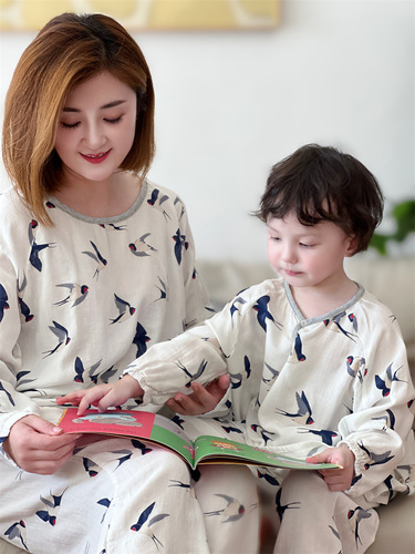Parent-child home wear bamboo cotton gauze long-sleeved trousers suit four seasons spring and summer air-conditioned room pajamas and pajamas