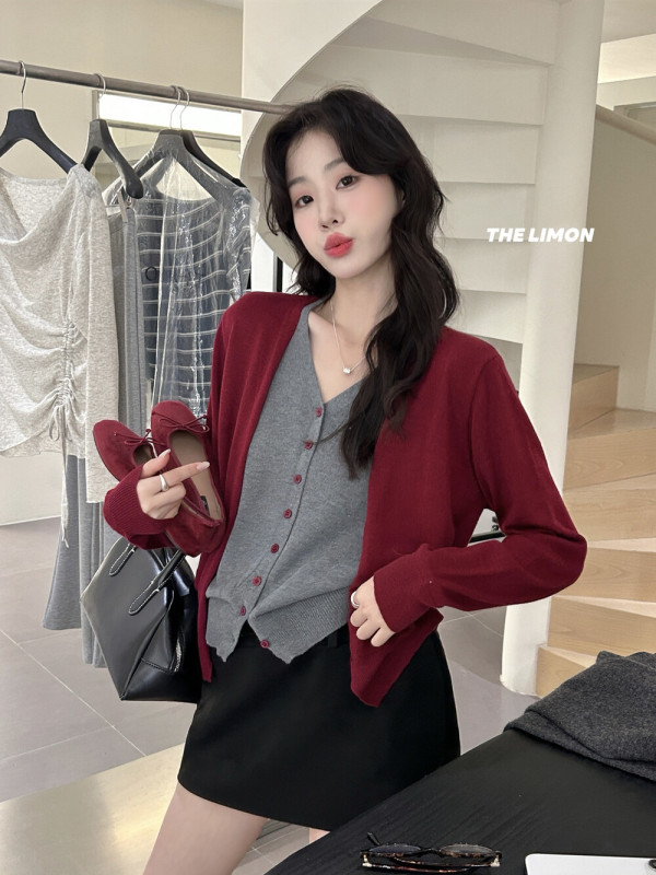 thelimon柠檬绿茶2025秋季新款设计感拼接假两件针织衫女毛衣外套|undefined