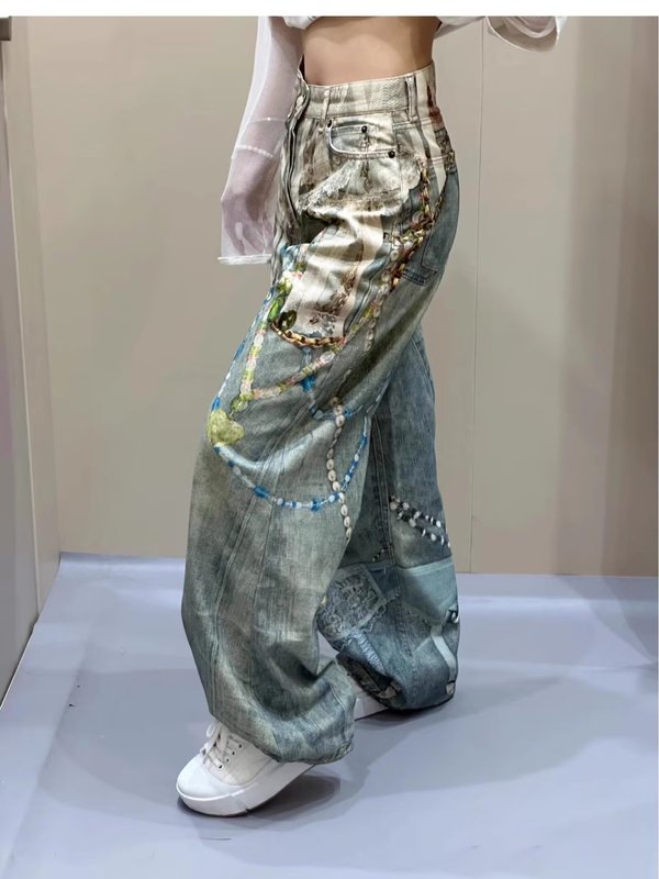 跨境原创复古做旧印花街头牛仔裤男2025夏数码3d打印链条蕾丝长裤|undefined