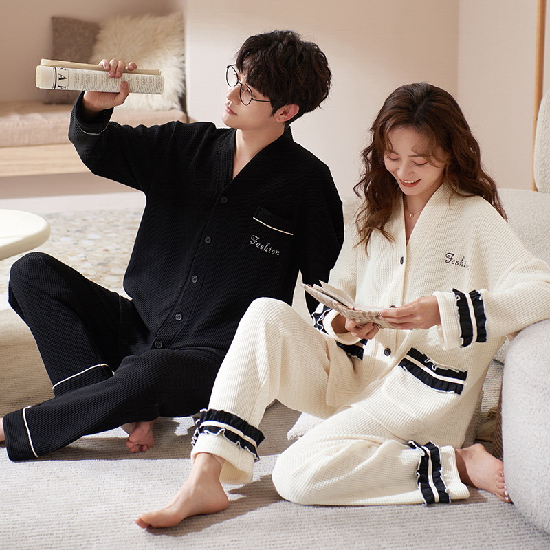 Pijamas de pareja Jiaocaimeng, algodón para primavera y otoño, nuevo estilo 2025, ropa de casa informal para hombre y mujer, estilo europeo y americano