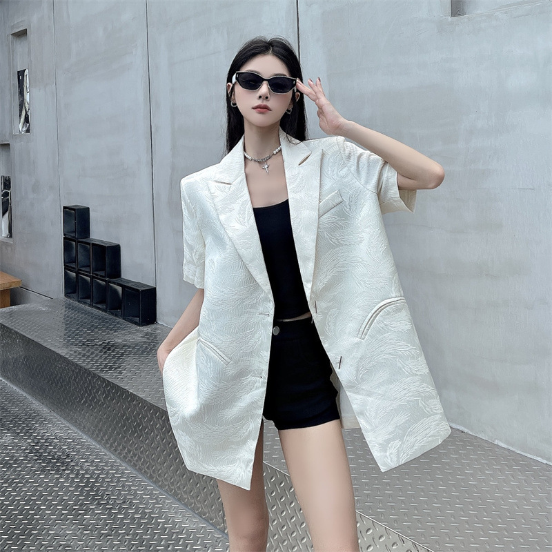 Real Shot in Stock, Artistic Loose Thin Suit, Feather Jacquard Short-Sleeved Suit Jacket for Women Real Shot in Stock, Artistic Loose Thin Suit, Feather Jacquard Short-Sleeved Suit Jacket for Women