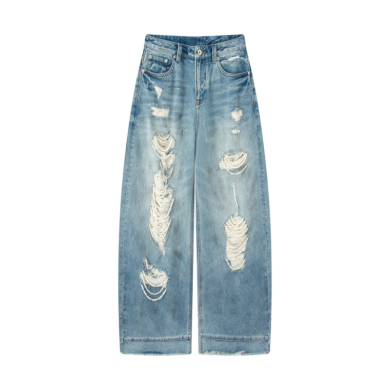 In Stock! 2026 Spring/Summer New Designer Style Pearl Chain Ripped Jeans for Women In Stock! 2026 Spring/Summer New Designer Style Pearl Chain Ripped Jeans for Women