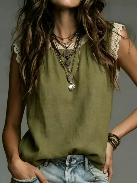 2026 Spring and Summer Cross-Border European and American Women's New Fashion Loose Solid Color Round Neck Lace Sleeveless Cotton and Linen Shirt