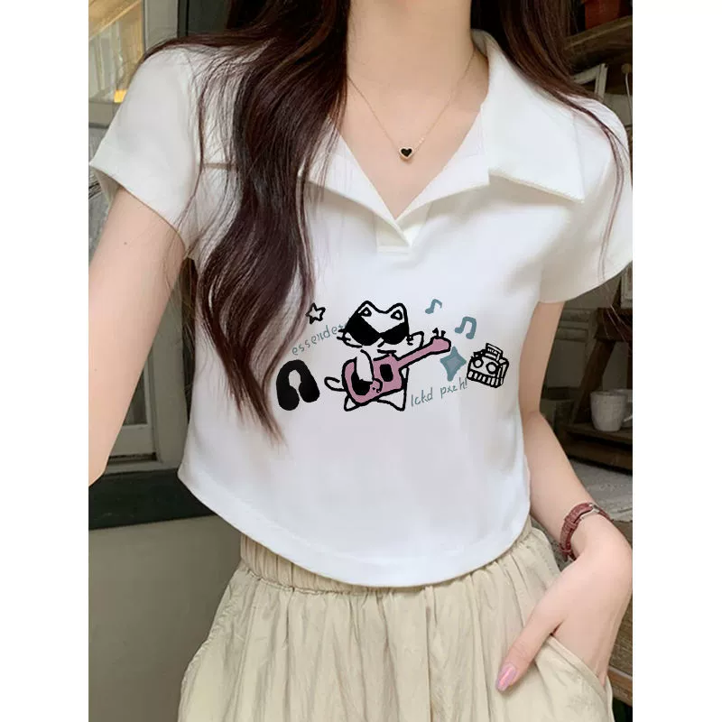 Белый короткий топ на правое плечо для женщин, летний дизайн, ниша для похудения, футболка с короткими рукавами и принтом, хлопок