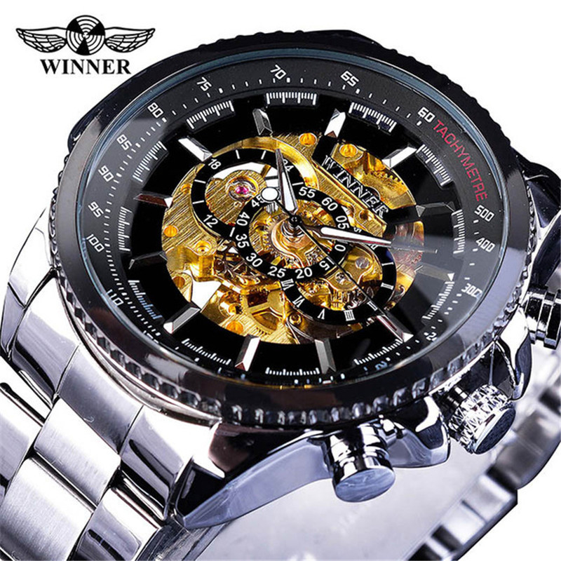 Ganador hombres de moda casual reloj hueco movimiento mecánico gran dial reloj de oro reloj mecánico automático 428